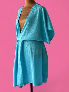 Vintage Intimate Moods Aqua Satin Paisley Robe | Y2K 90s Lingerie Lounge Kimono